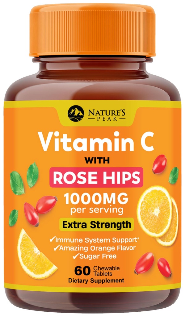 C-vitamiini 1000 mg purutabletti - Ekstra vahvuus Immuuni tuki C-vitamiinia ravintolisä Rose HIPS, luonnon vitamiiniC Antioksidantti tuki, luonnollinen, vegaaninen, oranssi maku - 60 tablettia