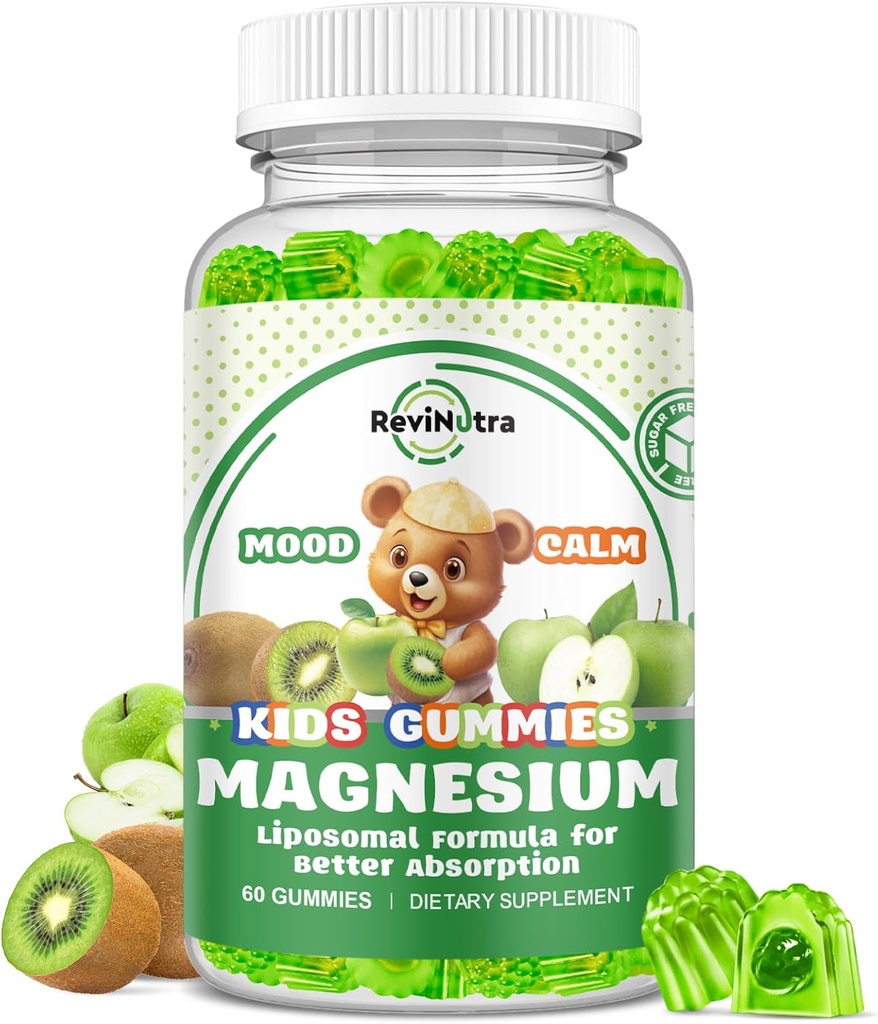 Liposomal Kids Magnesium Gummies- Magnesium Glycinate Gummies for Kids Supplement-w/Omega-3, B6-vitamiini, D3-tuki Rauhallinen stressinlievitys, luut, mieliala, vihreä omena ja kiivit Flavor, 60