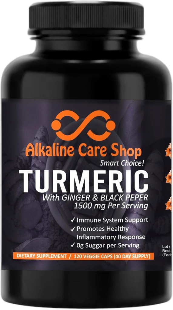 Alkalisk vård |Turmeric Curcumin Supplement 1500mg med organisk gurkmeja, Ginger & Black Pepper för bästa absorption | Icke-GMO | Gemensam och hälsosam inflammation svarsstöd (120 Veggie kapslar)