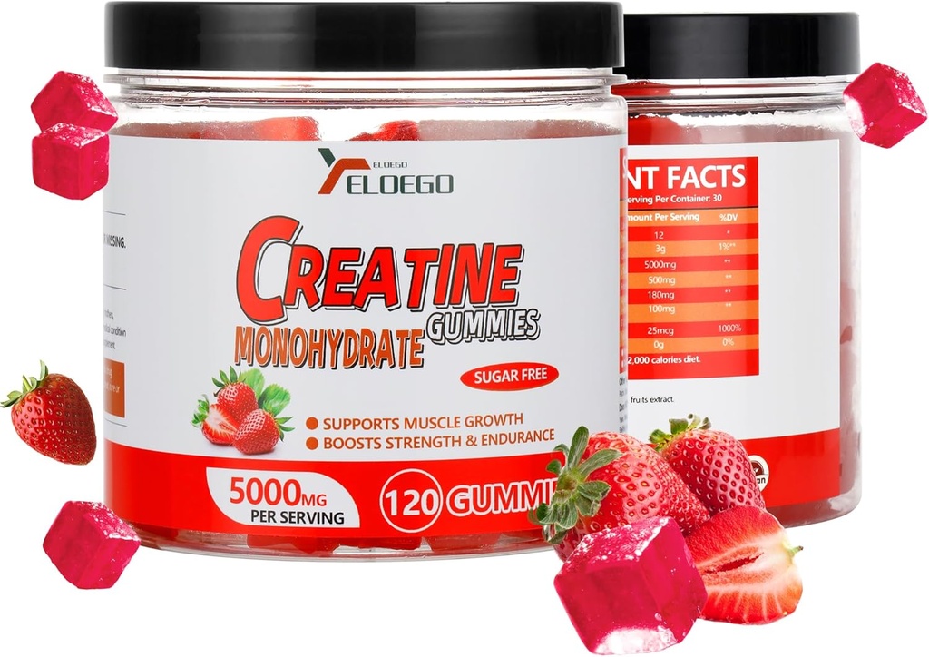Kreatiini Monohydraatti Gummies 5000 mg sokeri ilmaista miehille ja naisille, L-Tauriini + B12-vitamiini lihasten vahvuus, lihasten rakentaja, energia Boost, Pre-Workout-lisä, mansikka, 120
