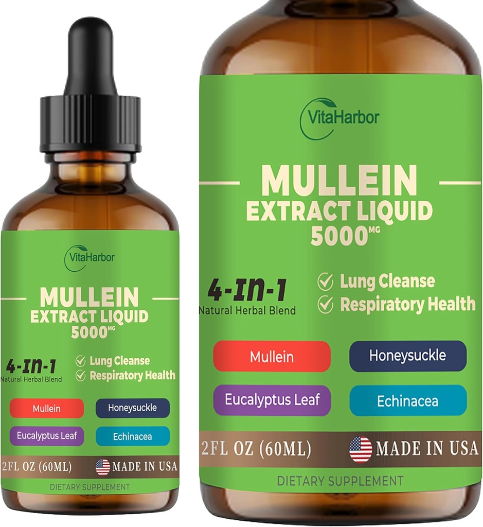 4-i-1 Mullein Drops för Lungs, Organic Mullein Leaf & Honeysuckle & Eucalyptus Leaf & Echinacea Extracts, för Lung Cleanse, Immune & Respiratory Support, Sugar-Free | Non-GMO | Vegan, 2 Fl oz
