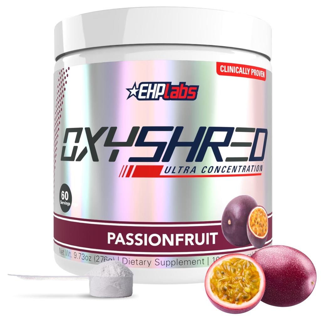 EHP Labs OxyShred Pre Treenout Powder & Shredding Supplement - Preworkout Powder with L Glutamiini & Acetyl L Carnitine, Energy Boost Drink - Passionhedelmät, 60 tarjoilua