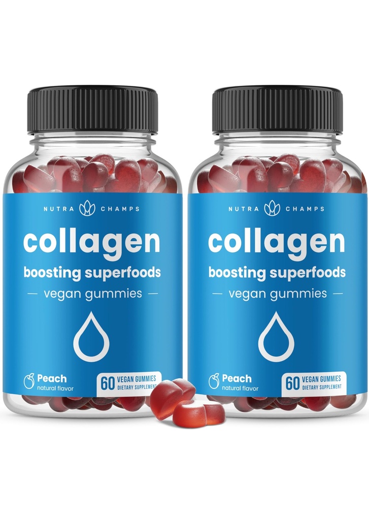 NutraChamps Collagen Boosting Gummies, Collagen Booster Gummy for Natural Collagen Production, Vegan Pektiini Lisäravinteet Purut naisille ja miehille, 60 persikka Gummies (Pack of 2)