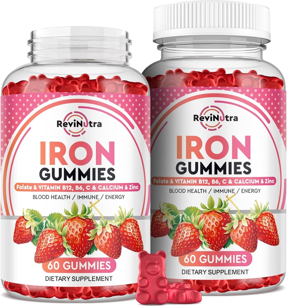 Rauta Gummies - kalsium, sinkki, Folaatti & B12, C, B6 aikuisille & Kids - Veren Builder & Energy Tuki Iron Definition, Anemia, Vegan - 2 Pack Mansikka maku 60 Gummies