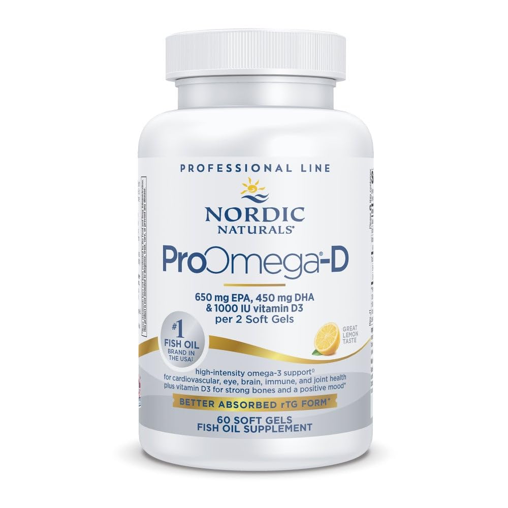 Nordic Naturals ProOmega-D, Lemon Flavor - 60 Soft Gels - 1280 mg Omega-3 + 1000 IE D3 - High-Potency Fish Oil - EPA & DHA - Brain, Eye, Heart & Immune Health - Non-GMO - 30 portioner