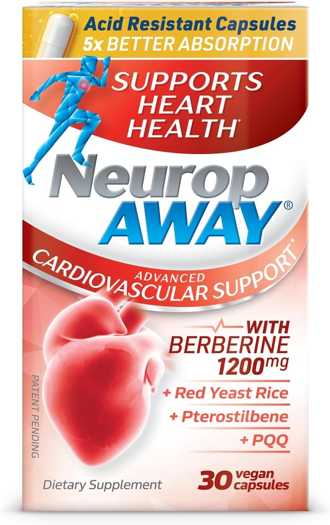 NeuropAAway-kardiovaskulaarinen tuki 30ct 1200mg Berberiini PQQ punainen jae Riisi Pterostilbene