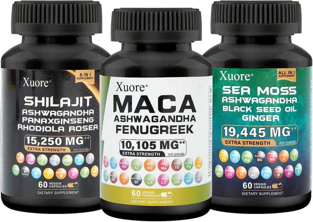 Bundle of Sea Moss,Shilajit,Maca, Black Seed Oil, Ashwagandha, Inkivääri, Shilajit, Rhodiola Rosea, Panax Ginseng, Maca Root, Fenugreek, Trifibranol100X,Kaikki 1 täydentää (1 pakkaus)