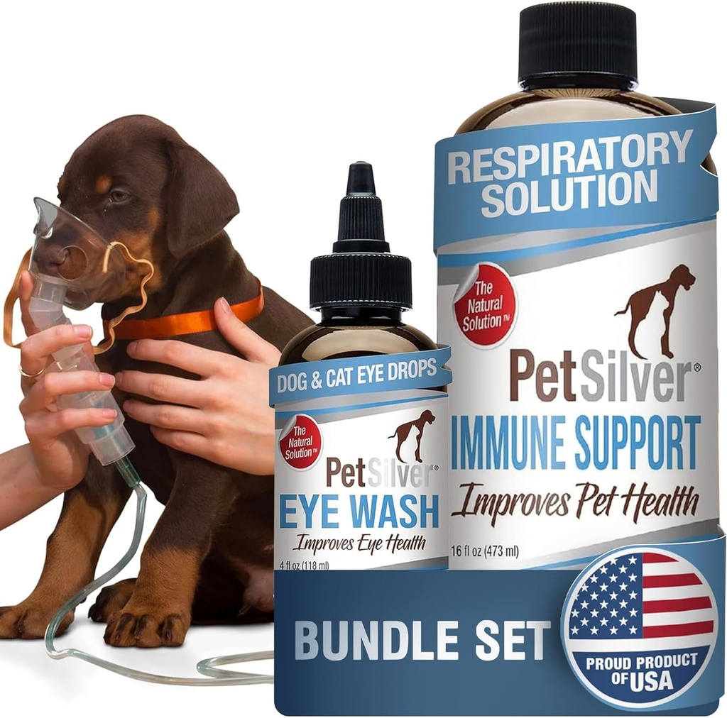 PetSilver - Immunosupport (16 fl oz) ja Eye Wash (4 fl oz) kanssa Patentoitu kelated Silver - Allergies, Sinus & Cough Treatment - Eye Cleaner & Tear Stain Poistaja kissoille ja koirille - Valmistettu USA