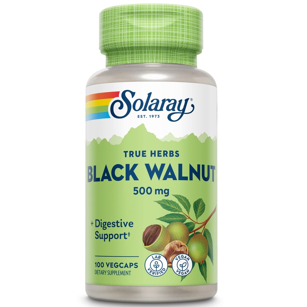 SOLARAY Black Walnut 500 mg - Koko Hull - Perinteinen kasviperäistä tukea Formula - Ei-GMO todennettu, Vegan, Lab todennettu - 60 päivän takuu - 100 palvelinta, 100 VegCaps