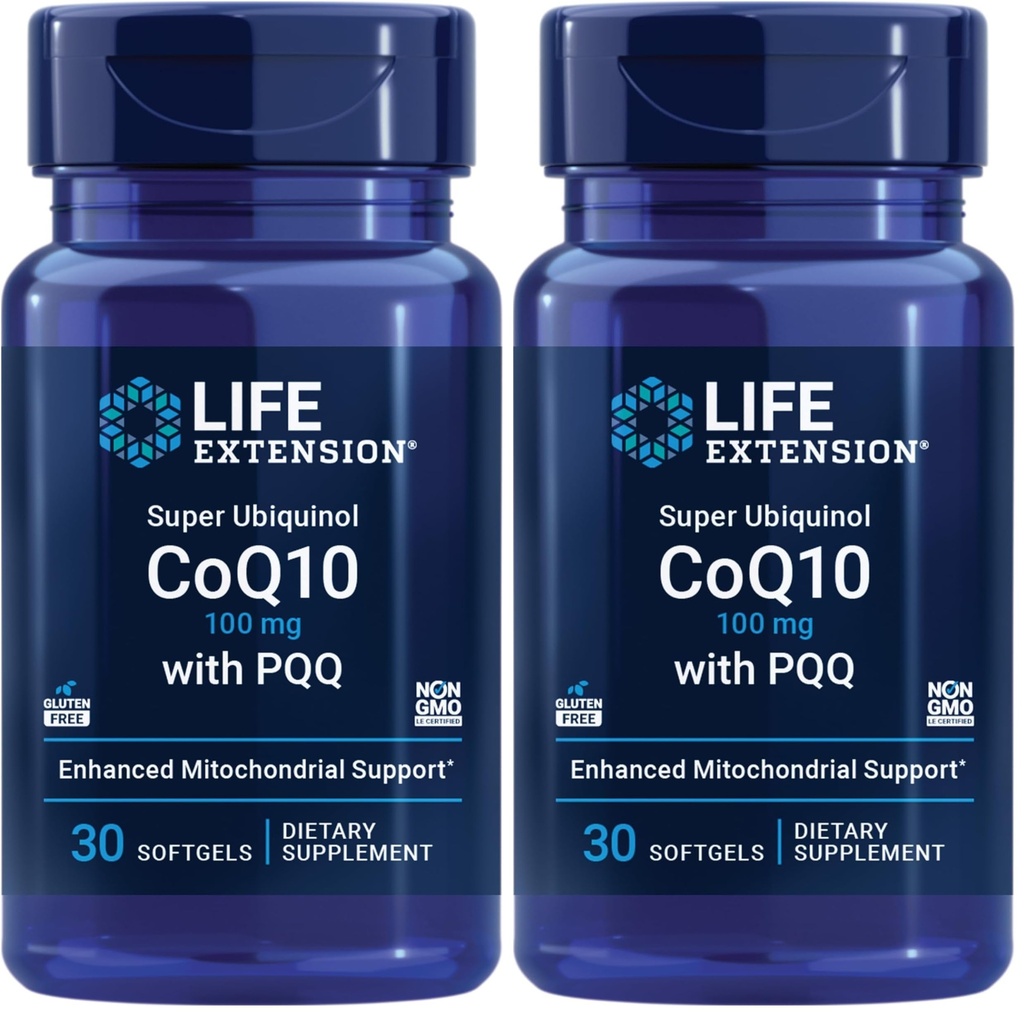 Life Extension Super Ubiquinol CoQ10 PQQ, CoQ10, PQQ, shilajit, Heart Health, Cellular Energy Support, 8X Parempaa imeytymistä, Gluteeniton, 100 mg, 30 softgels (paketti 2)