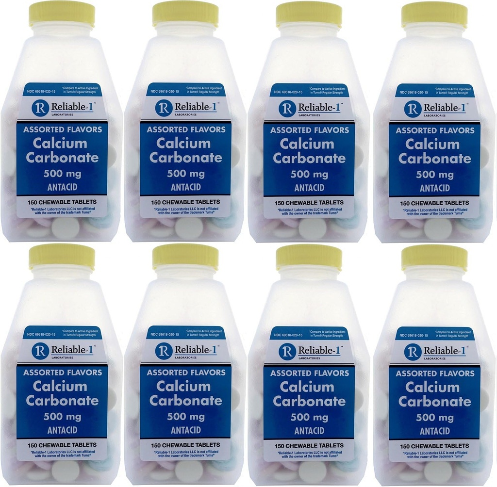 Calcium 500 mg Generisk för Tums Assorted Fruit smaksatta tuggbara tabletter Regular Styrka Antacid för syra Indigestion, Heartburn, Sour Stomach 150 Chewable Tablets per flaska paket med 8