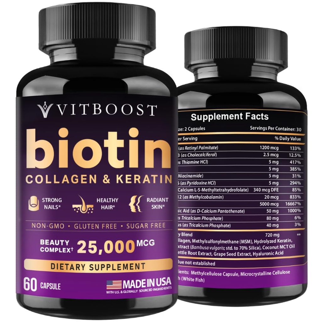 VITBOOST Biotiini hyaluronihappo, kollageeni ja Keratin ... 25000 mcg hiusten kasvuvitamiinit miehille ja naisille...