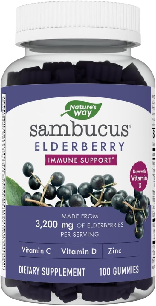 Naturens sätt Sambucus Elderberry Gummies - Immune Support Supplement för barn & vuxna * - Med vitaminer C, D3, Zink & Antioxidant Support * - Gluten Free & Vegetarian - 100 Gummies