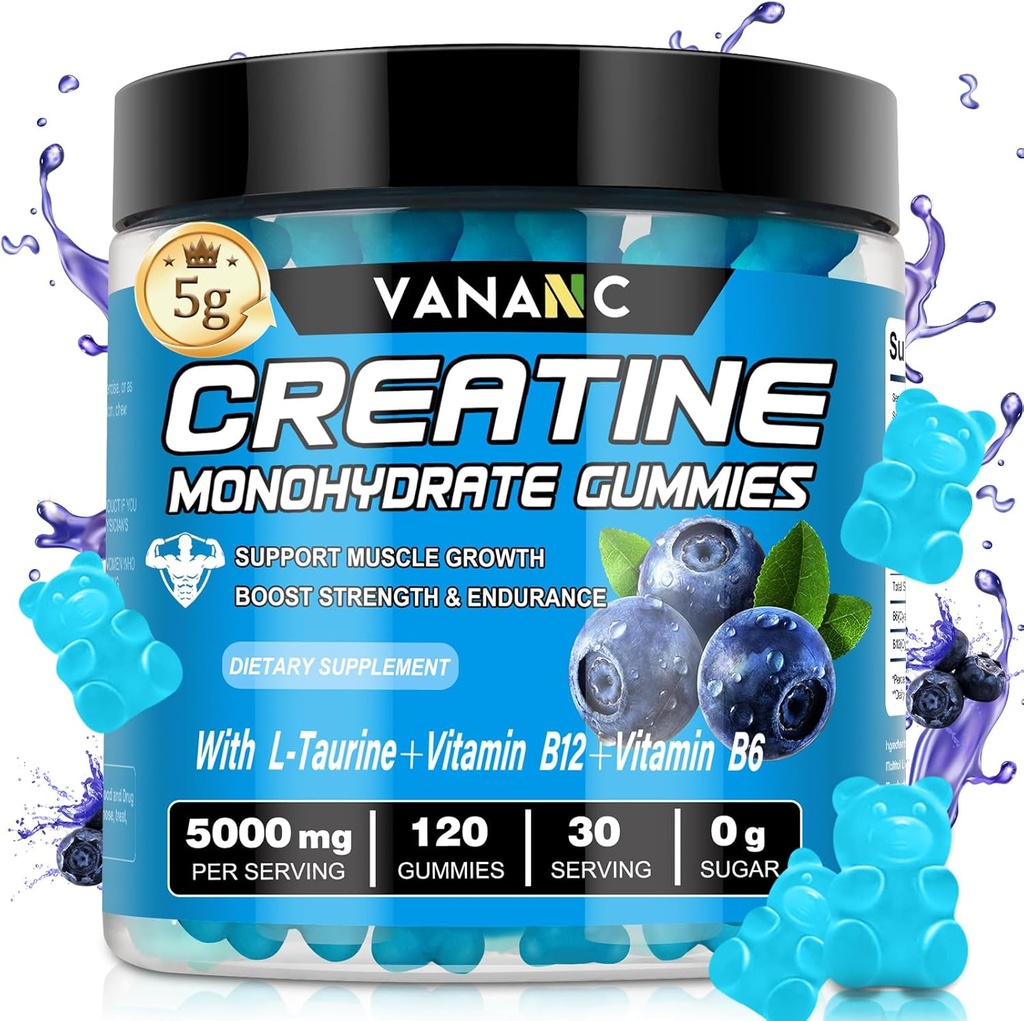 Kreatinmonohydrat Gummies 5000 mg för män och kvinnor, sockerfri, låg i kalorier, med L-Taurin + vitaminer för ökad muskelstyrka