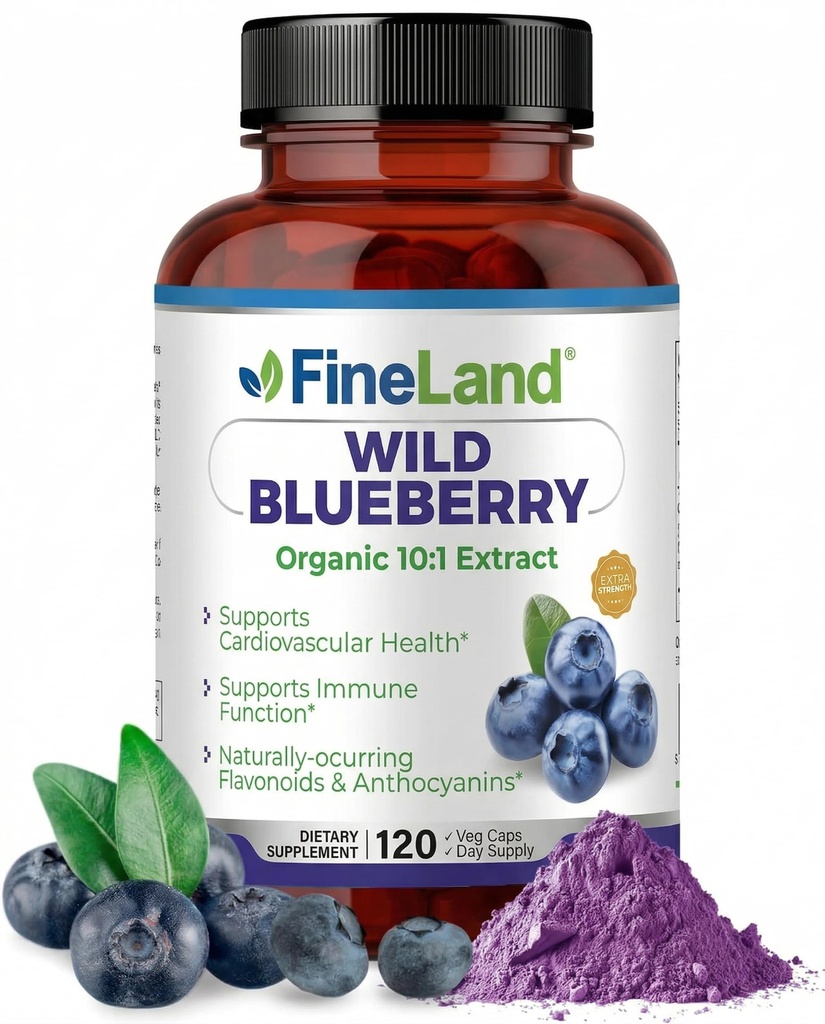 FineLand Wild Blueberry 10:1 uute, 6000 mg vahvuus, 120 vegaanikapselia, runsaasti flavonoidia ja Antosyaniineja, antioksidantti tuki aivojen ja sydämen terveydelle, 4-kuukautinen tarjonta, ei geenimuunneltuja organismeja valmistettu Yhdysvalloissa