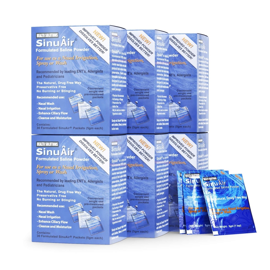 SinuAir Sinus Runse Salt Solution - SinuPulse-järjestelmälle, Neti Pot -huuhtelupullolle, Nenänpesupullolle ja nenän kastelulle, tehostettu muotoilu ja siivous, 180 pakkausta