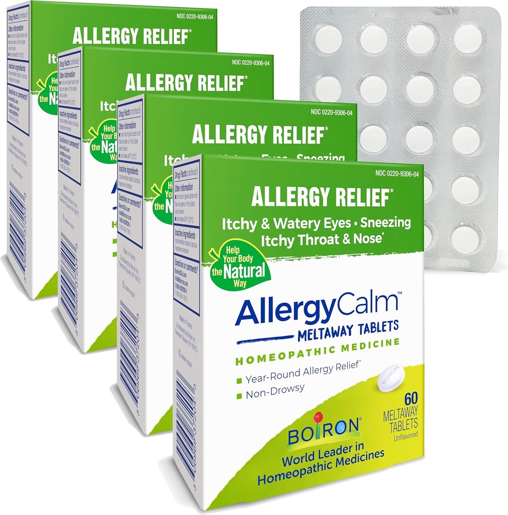 Boiron AllergiaCalm Tabletit 240 Count, Relief from Allergies and Hay Fever Oireet Aivastelu, Runny Nenä, kutiava silmät, kurkku, Allergia Calm Tabs (Aiemmin RhinAllergia) (Pack of 4 60ct Boxes)
