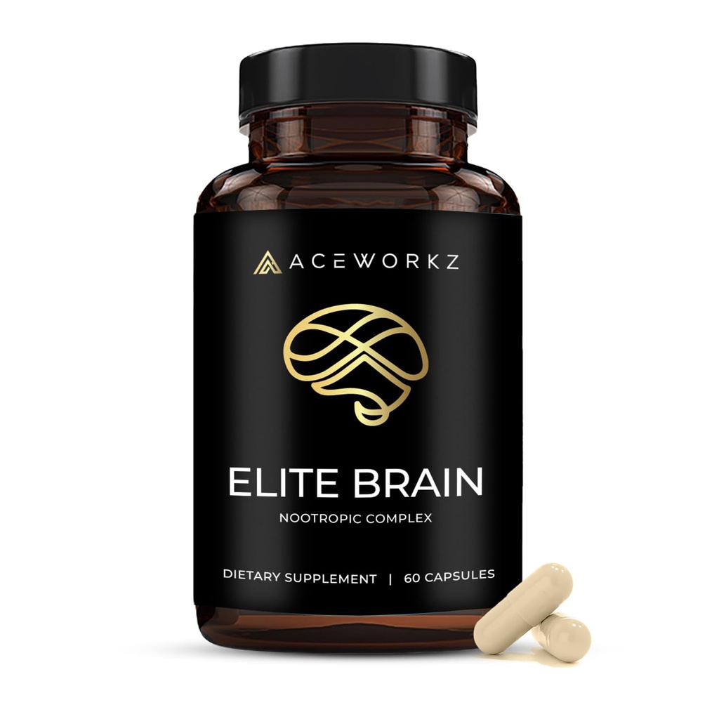 Elite Brain - Nootropic Supplement for Focus, Memory & Mental Clarity - ALCAR, Lions Mane, ALA, L-Theanine, B-vitamiini Complex - Natural Energy, Kofeiinivapaa (60 kapselia)