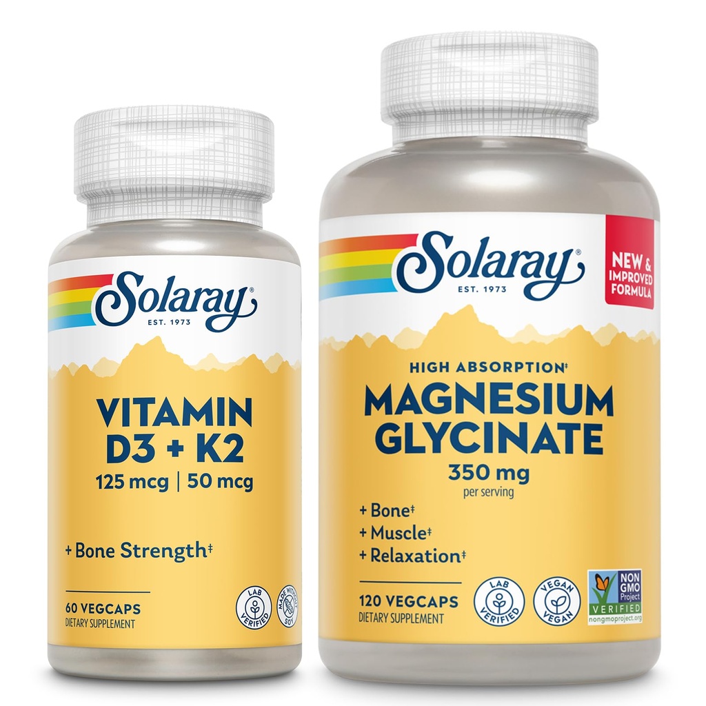 SOLARAY Vitamin D3 K2 och Magnesium Glycinate - Bone Health Bundle - Calcium Absorption, Nerve, Heart and Immune Support w/5000 IE Vitamin D, 350mg Chelated Magnesium, 60-Day Guarantee, 60ct/120ct
