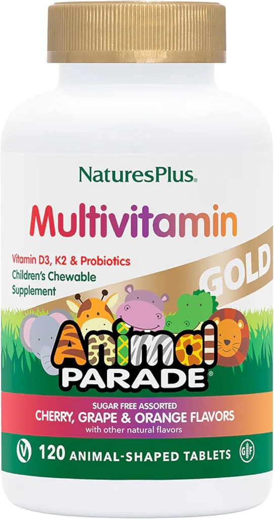 NaturesPlus Animal Parade Gold Lasten monivitamiini - valikoitu kirsikka, appelsiini ja viinirypäleen makuja - 120 Animal-muokattu purutabletti, pakkaus 3 - Vegan, Gluteeniton - 180 Yhteensä tarjoilua