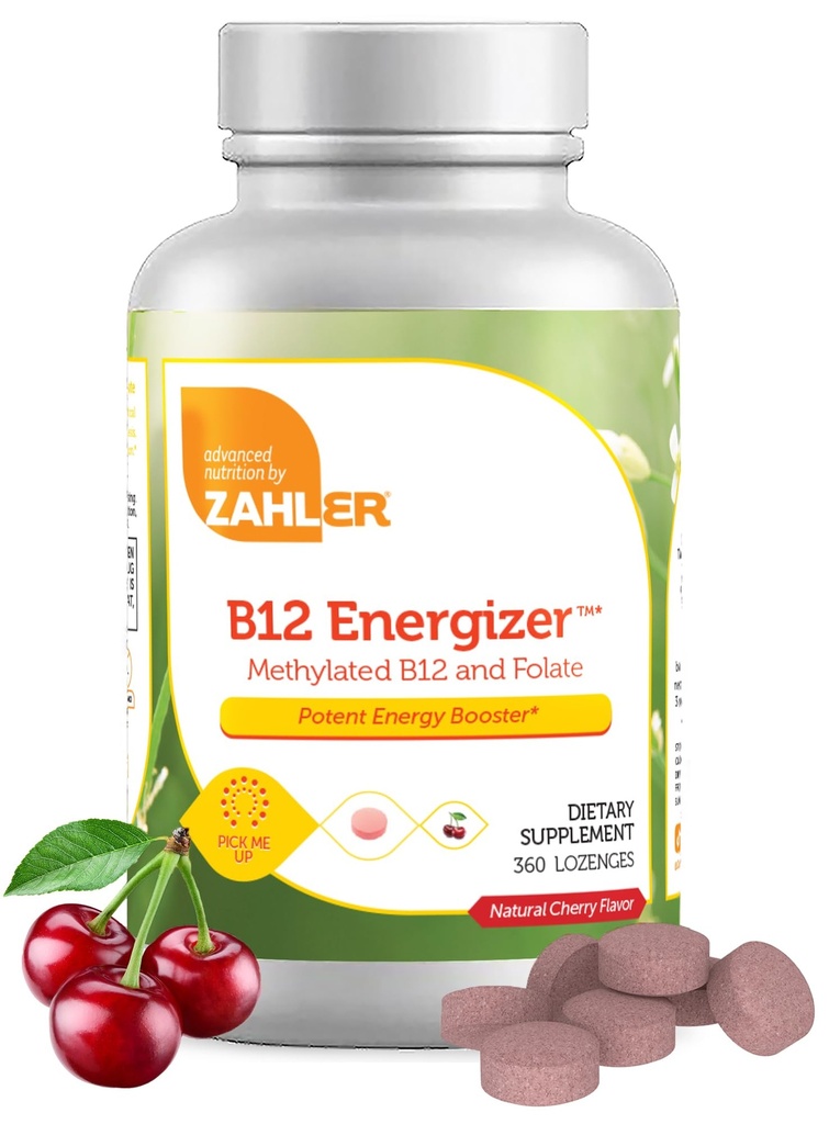 Zahler Energizer - Folat och B12 Supplement - Snabbupplösning Cherry Flavor Lozenges Dual Vitamin Methylated B12 & Folate Supplement med 1360 mcg Folic Acid (360 greve)