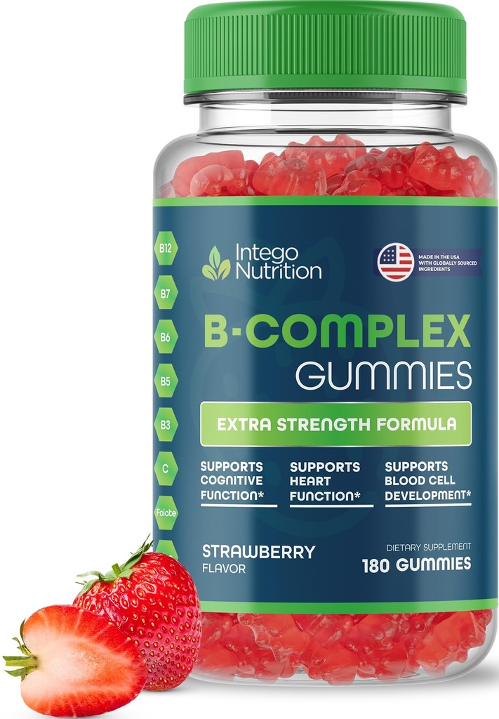 B-vitamiini Complex Gummies aikuisille, B-vitamiini täydentää naisille ja miehille, B-vitamiinit Complex Gummies energia-ja aivoterveyden, luonnollinen mansikka maku, 180 Count