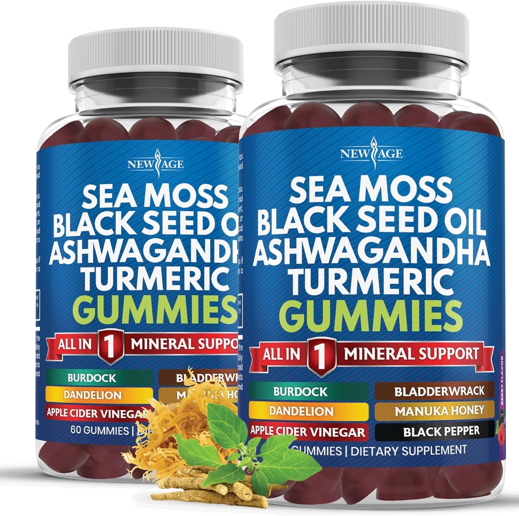Sea Moss Gummies, Sea Moss, Black Seed, Ashwagandha, Turmeric, Manuka Honey, ACV, Voikukka, Black Pepper, Black Pepper, Burdock, Blackderwrack, Vegan - 120 Count