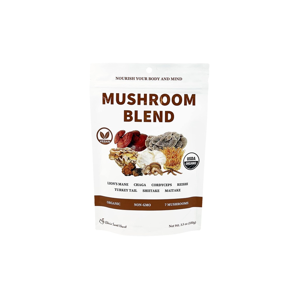 Cherie Sweet Heart 7 Mushroom Extract Powder - USDA Organic Superfood Blend med Lion's Mane, Reishi, Cordyceps, Maitake, Shiitake, Turkey Tail & Chaga - Vegan, Non-GMO, Gluten-Free - 3,5 oz