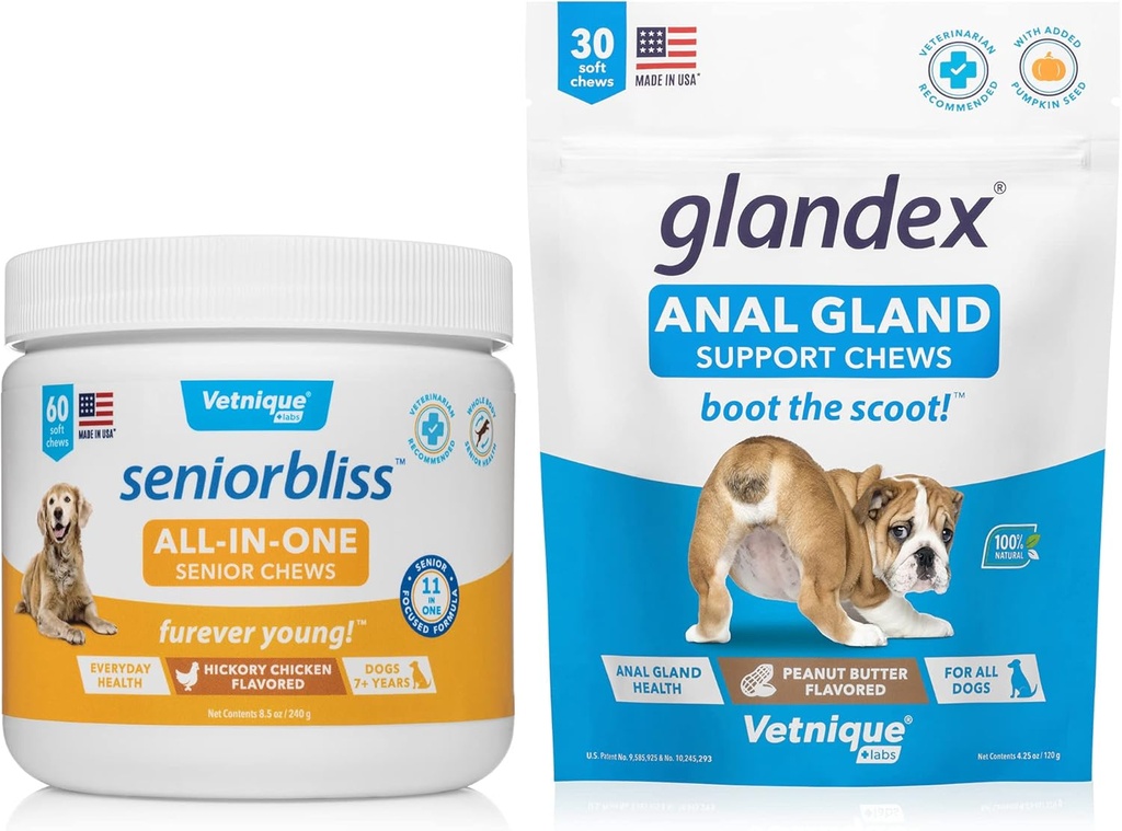 VETIVE Seniorbliss All-in-One Multivitamiinimurska Senior Dogs (60ct) & Glandex Anal Gland Support Peanut Butter Soft Chews koirille (30ct) Bundle