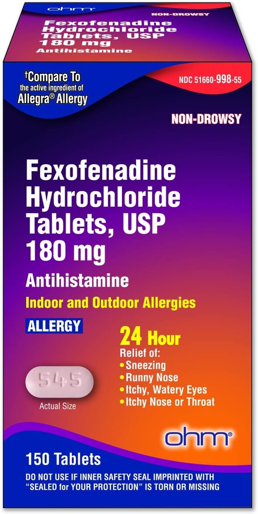 Ohm Allergia Lääketiede Fexofenadiini 180mg - 24 tunnin helpotus aivasteluun ja allergian oireisiin, ei-huumausaine - 24 tunnin antihistamiinitabletit tehokkaaseen hoitoon - 150