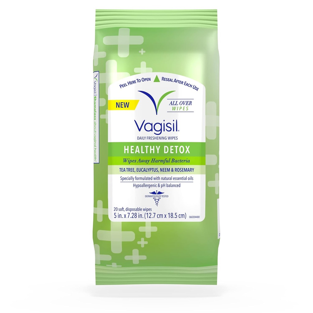 Vagisil Wipes för All Over Cleaning, Health Detox, formulerad med essentiella oljor, 20 Wipes i en återförsäljbar påse (Pack of 1)