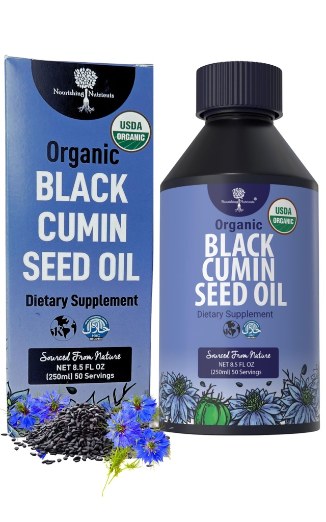 Organic Black Cumin Seed Oil-USDA-Cold Painettu jopa 6X Vahvempi Thymokinoni- Pure Nigella Sativa Cumin Seeds - Premium Supplement for Immunosupport, Antioxidantti, Calming, Iho ja hiukset (8,5 oz)