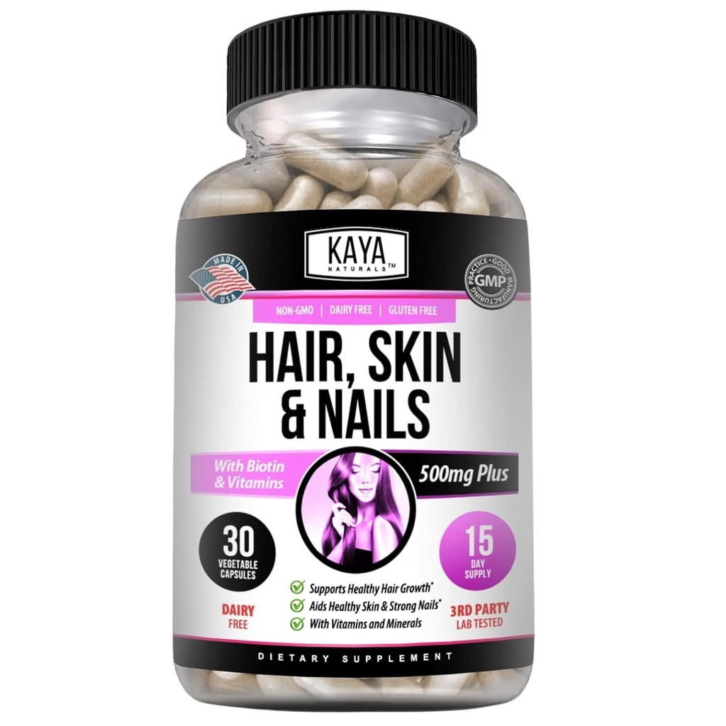 Kaya Naturals hiusten iho kynsi kapselit Biotiini - Hiukset ja iho vitamiinit, D-vitamiini B-12 A Foolihappo tuki, hiusten tuki vitamiini täydentää hiukset ihon kynnet- 30 kreivi kapselit