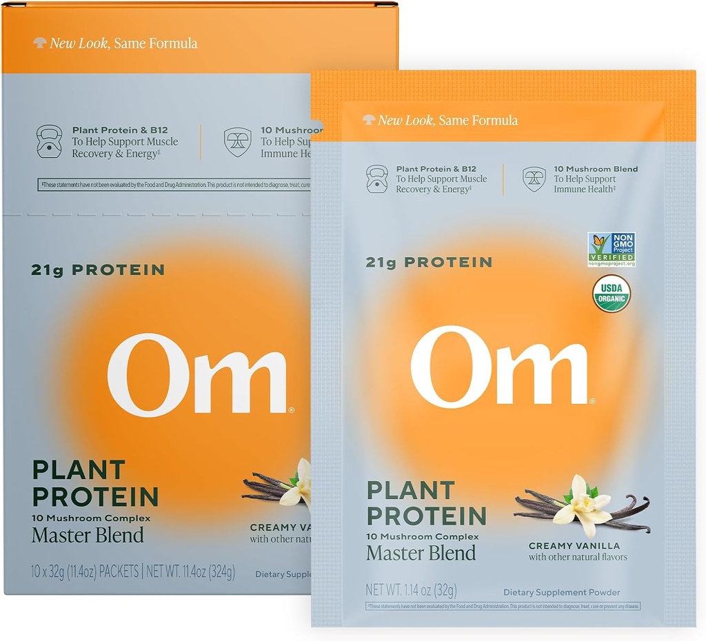 Om Master Blend Vegan Protein Powder, Vanilla, 21g av växtprotein - Organic Mushroom Supplement med 10 Mushroom Complex, Ashwagandha, BCAAs och vitamin B12 - Ensam servering (10 greve)