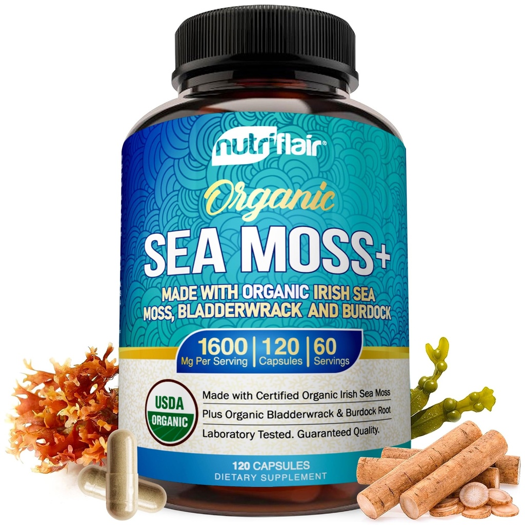 NutriFlair Organic Sea Moss 1600mg, 120 kapselia Plus Blackderwrack & Burdock - Prebiootti Super Food - Immuunijärjestelmä & Ruoansulatuskanavan terveys - Kilpirauhasen, terve iho, Keto Detox, Gut