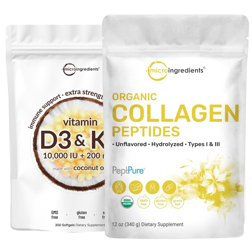 Micro Ingredients Vitamin D3 10000 iu + K2 200 mcg Coconut Oil Softgels & Organic Collagen Peptides Powder Bundle 2 Pack | Essential Sunshine Vitamins | Hydrolyserad Typ I & III Bovine Collagen