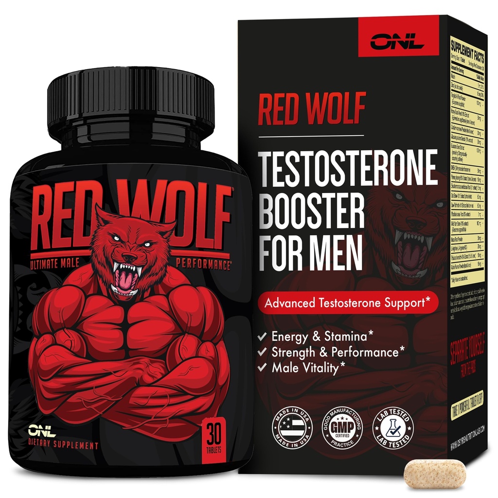 ONL Red Wolf Testosteron Booster for Men - Ultimate Mäns Supplement for High Potency Endurance, Energy & Strength - Testosteron Supplement för Män - w / Thongkat Ali Male Enhancement - 30 Ct