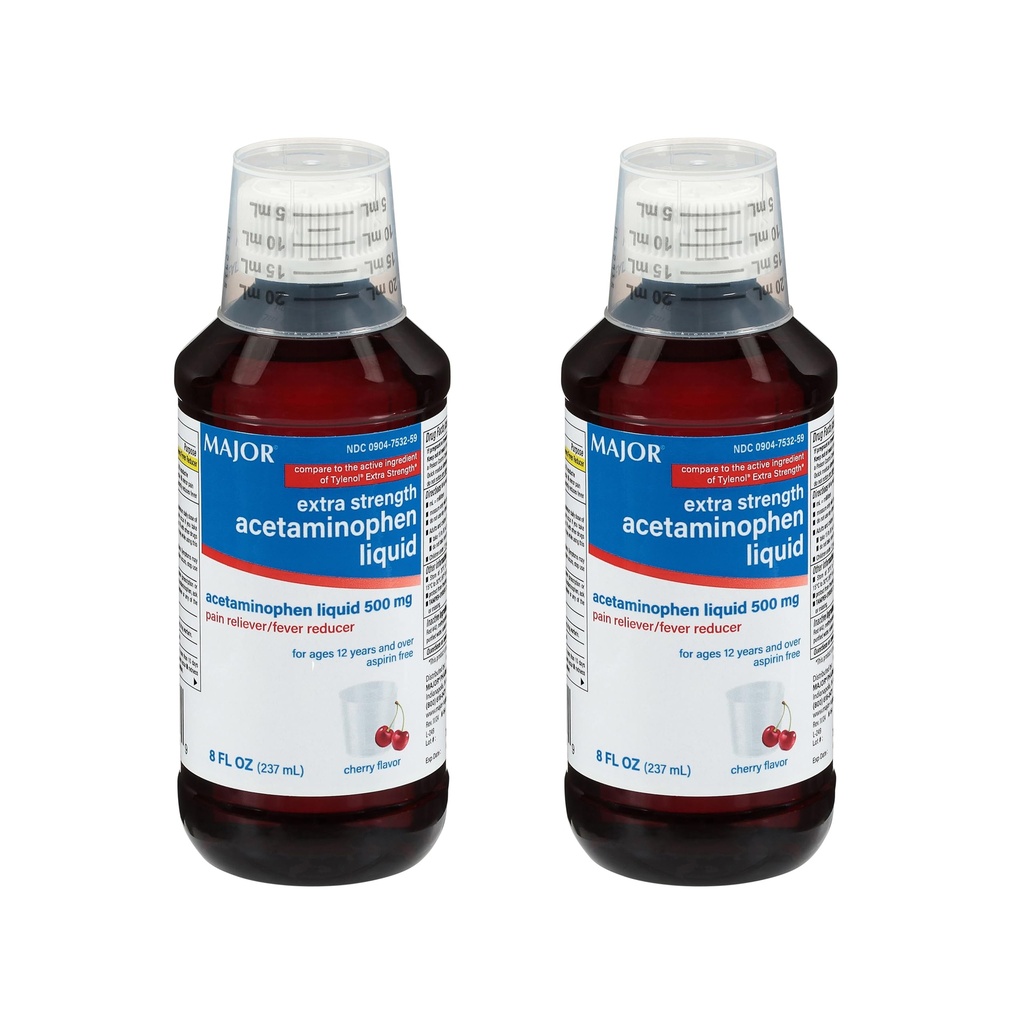 MAJOR Adult Extra Strength Liquid Acetaminophen 500mg - Hjälper till att lindra smärta och minska fevers - Aspirin Free - Cherry Flavor - 8 Fl Oz (2 Pack)