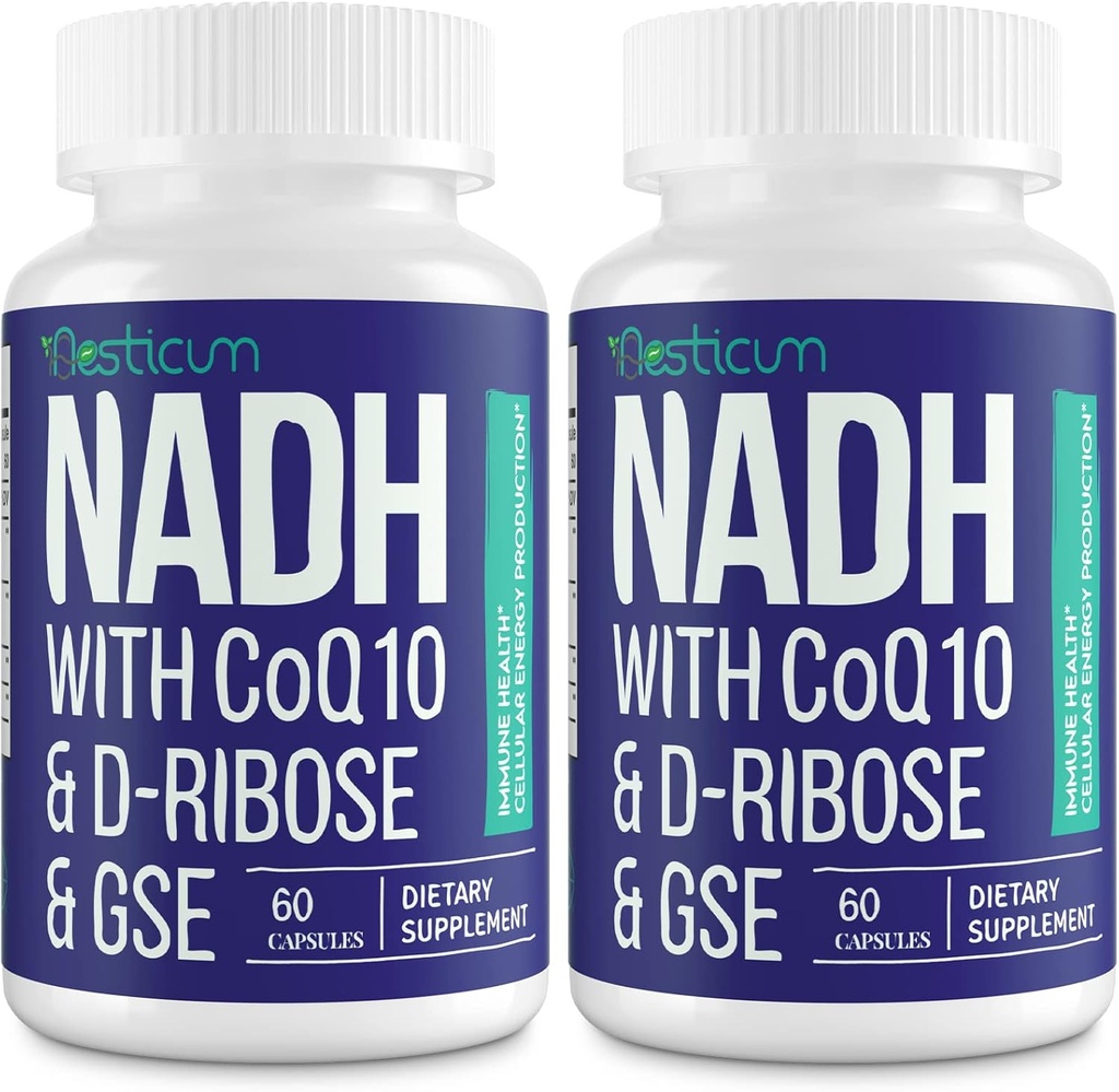 NADH 50mg + Q10 200mg + D-Ribose 150mg Supplement, Boosting NAD + Tillägg för Immune System, Cellular Energy, Focus, Reduced Nicotinamide Adenine Dinucleotide, 120 Veggie kapslar