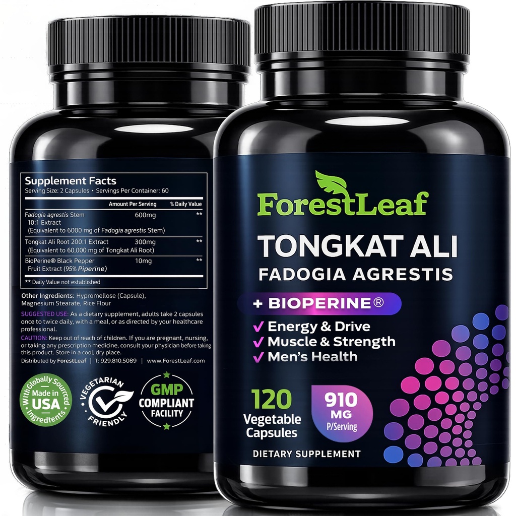 Tongkat Ali och Fadogia Agrestis för Män Supplement w/BioPerine - Tonkat-Ali Max Styrka 200:1 Extrakt - Long Jack Tongkat-ali för Män - Muskeltillväxt, Prestanda & Energi - 120 Pulver kapslar