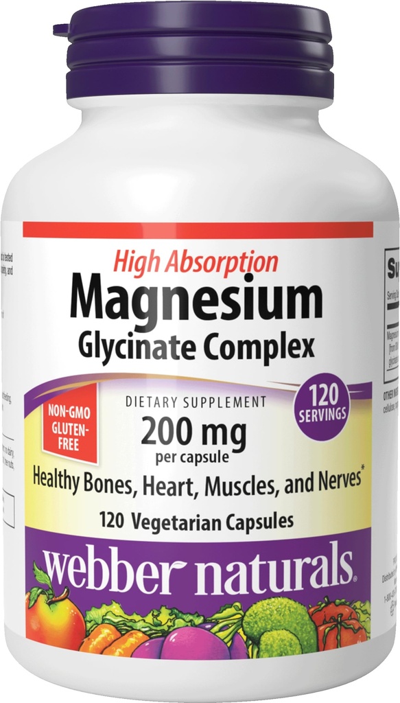 Webber Naturals Magnesium Glycinate Complex 200 mg, 120 kasvissyöjän kapselit, korkea imeytyminen Formula, tukee luut, sydän, lihakset ja hermot, yhden päivän, vegaaninen, uusi etiketti!
