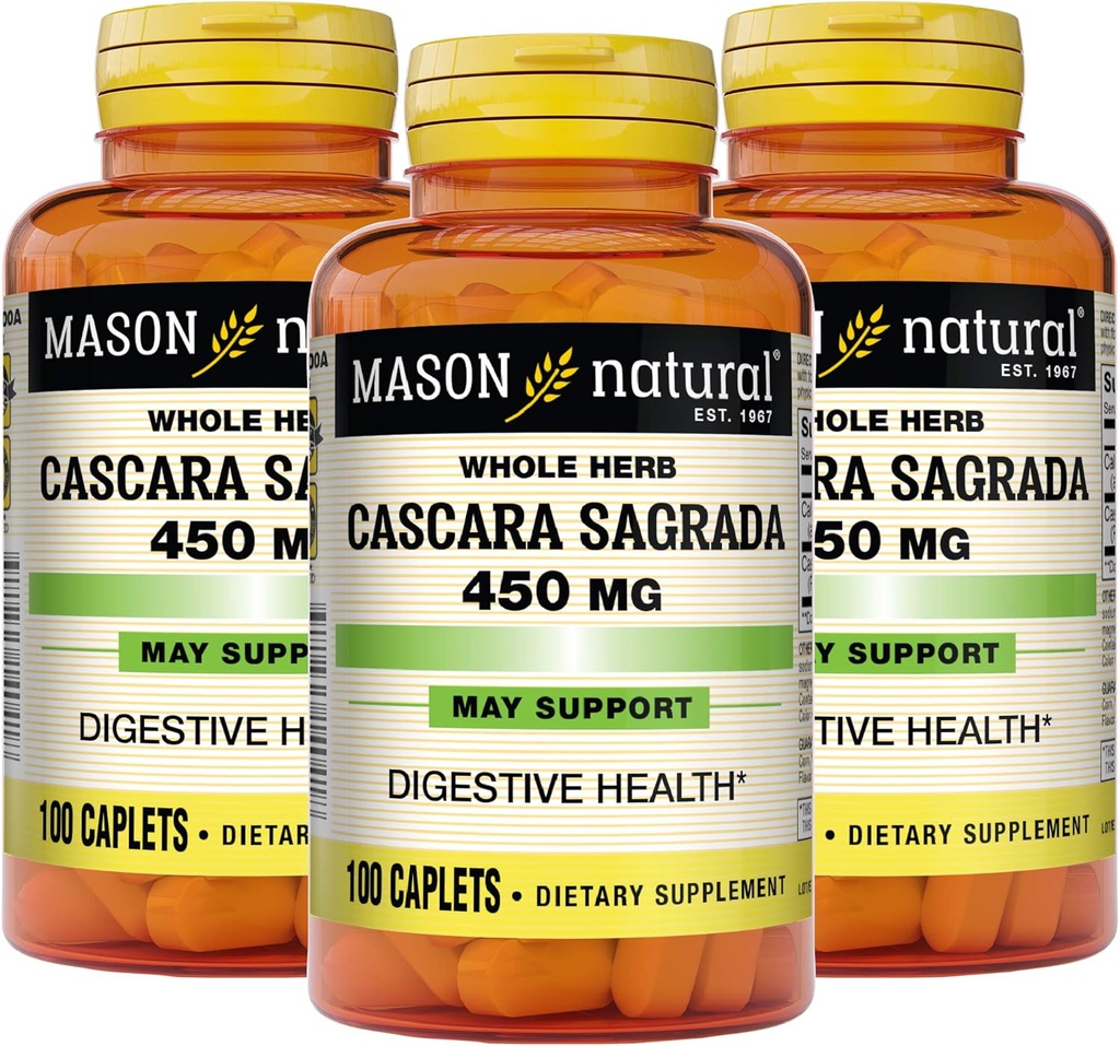 Mason Natural Cascara Sagrada 450 mg, rohdosvalmiste normaaliin Ruoansulatuskanavan tuki, 100 Caplets (Pack of 3)