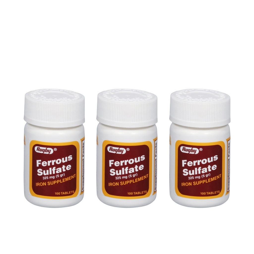 Rugby Ferrous Sulfate 325mg Tablets - Järntillskott för kvinnor och män - 100 greve (3 Pack)
