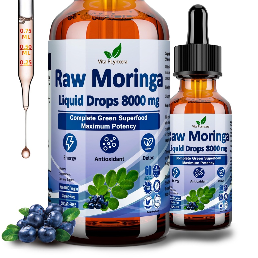 Raw Moringa Liquid Drops 8000 mg, Organic Moringa Oleifera Leaf Extract w. Supergreens Blend of Wheatgrass, Barley Grass for Antioxidants, Energy & Immune, High Potency Than Capsules Powder