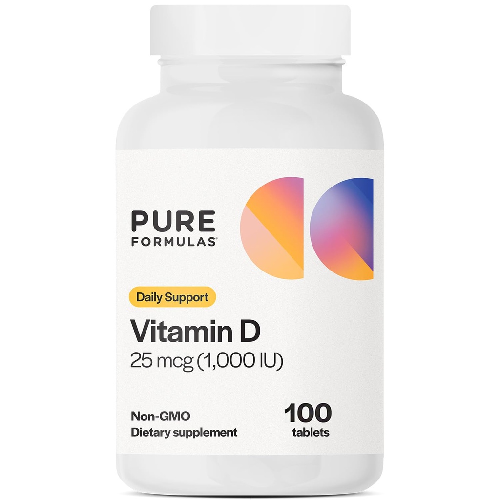 PureFormulas Vitamin D3 1000 IE 25 mcg - Premium Vitamin D Supplement för hälsosam benformation, tänder, kardiovaskulär hälsa och immunstöd icke-GMO - 100 greve tabletter