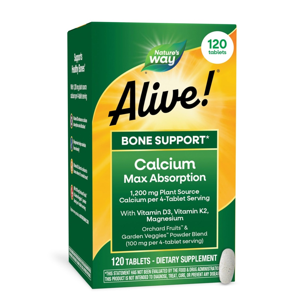 Naturens väg levande! Calcium Max Absorption, Bone Support*, Plant Source Calcium, Vitamin D3 & K2, Magnesium, 120 tabletter (Packaging May Vary)
