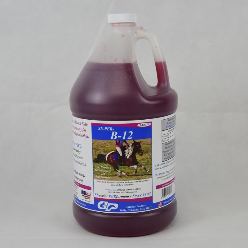 SU-PER B-12 Energy Horse Supplement - Hevosen vitamiinit B-12 & B-9 Foolihappo tuki neste - Punainen verisolu tuotanto & kestävyys tuki huippusuorituskyky - Gallon, 4 kuukauden tarjonta (120 päivää)