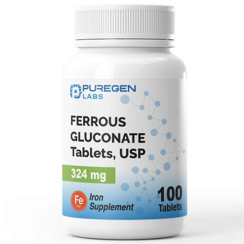 Puregen Labs Ferrous Gluconate 324 mg [High Potency] Iron Supplement, Hellästi vatsalla - 100 tablettia