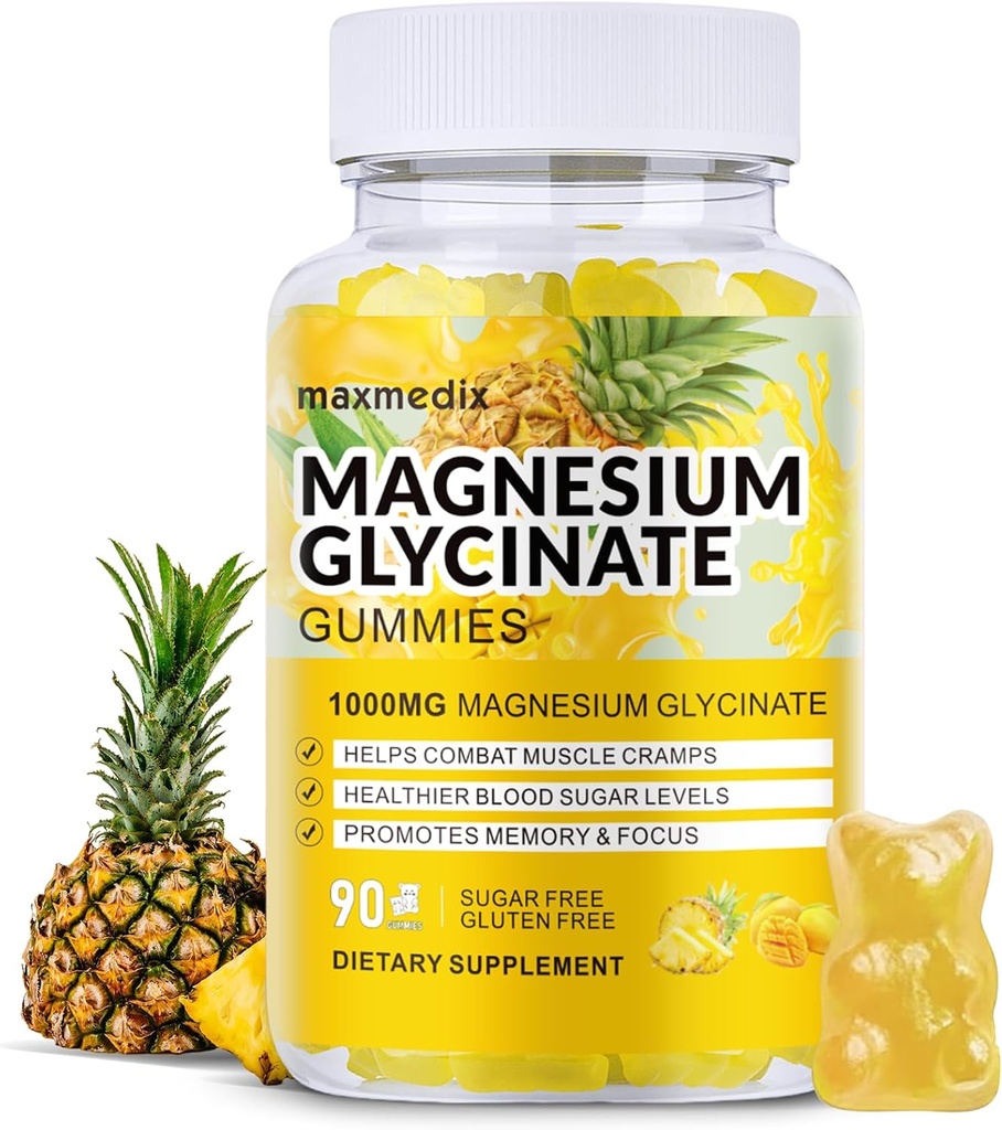 Magnesium Glycinate Gummies 1000 mg, sokeriton magnesium Kaliumlisät puristaa aikuisille L-treonaatti uneen, kehon tuki ja rentoutuminen,90 Mango Ananas Gummies