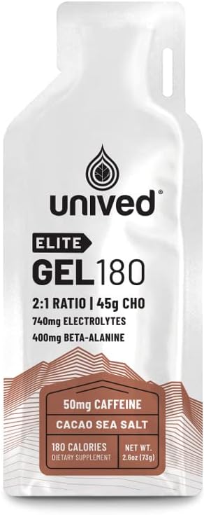 Unived Elite Gel 180-2:1 Ratio of Simple & Complex Carbs med Beta Alanine & Essential Electrolytes - för Endurance Athletes Runners & Cyclists -180kcal - Cocoa Sea Salt - 50mg Koffein - Pack på 6